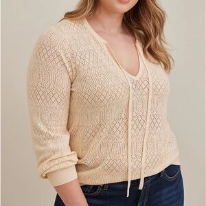 Torrid Pointelle Sweater Womens 2X Ivory Beige V Neck Pullover Long‎ Sleeve